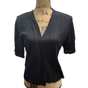 Signature by Robbie‎ Bee Black Cropped Cardigan Womens LG Lace Trim Short Sleeve